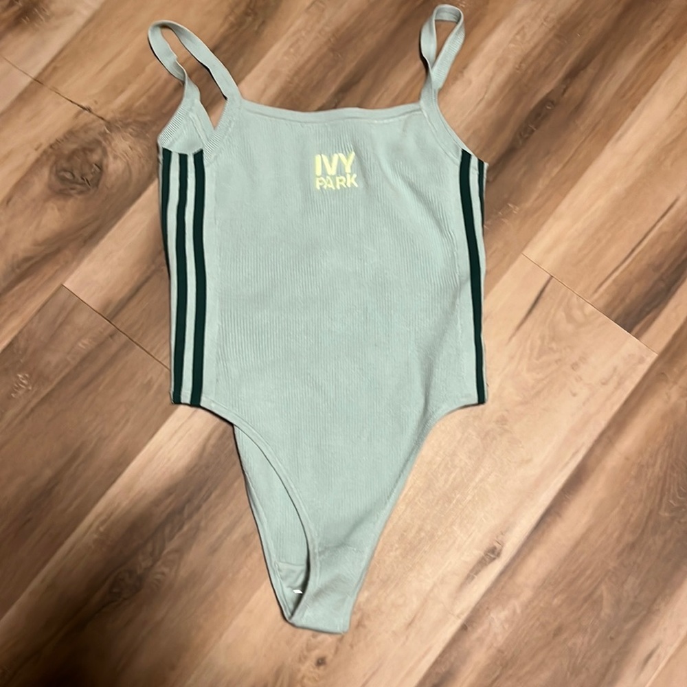 IVY PARK Sage Ribbed Logo Tank Bodysuit with Dark Green Stripes